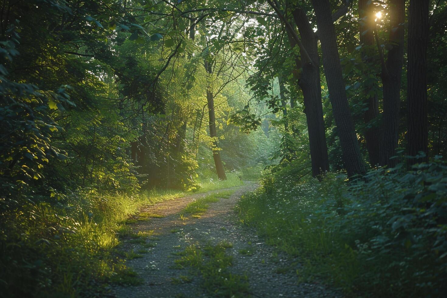 a dirt path through a forest with trees and grass with background photo