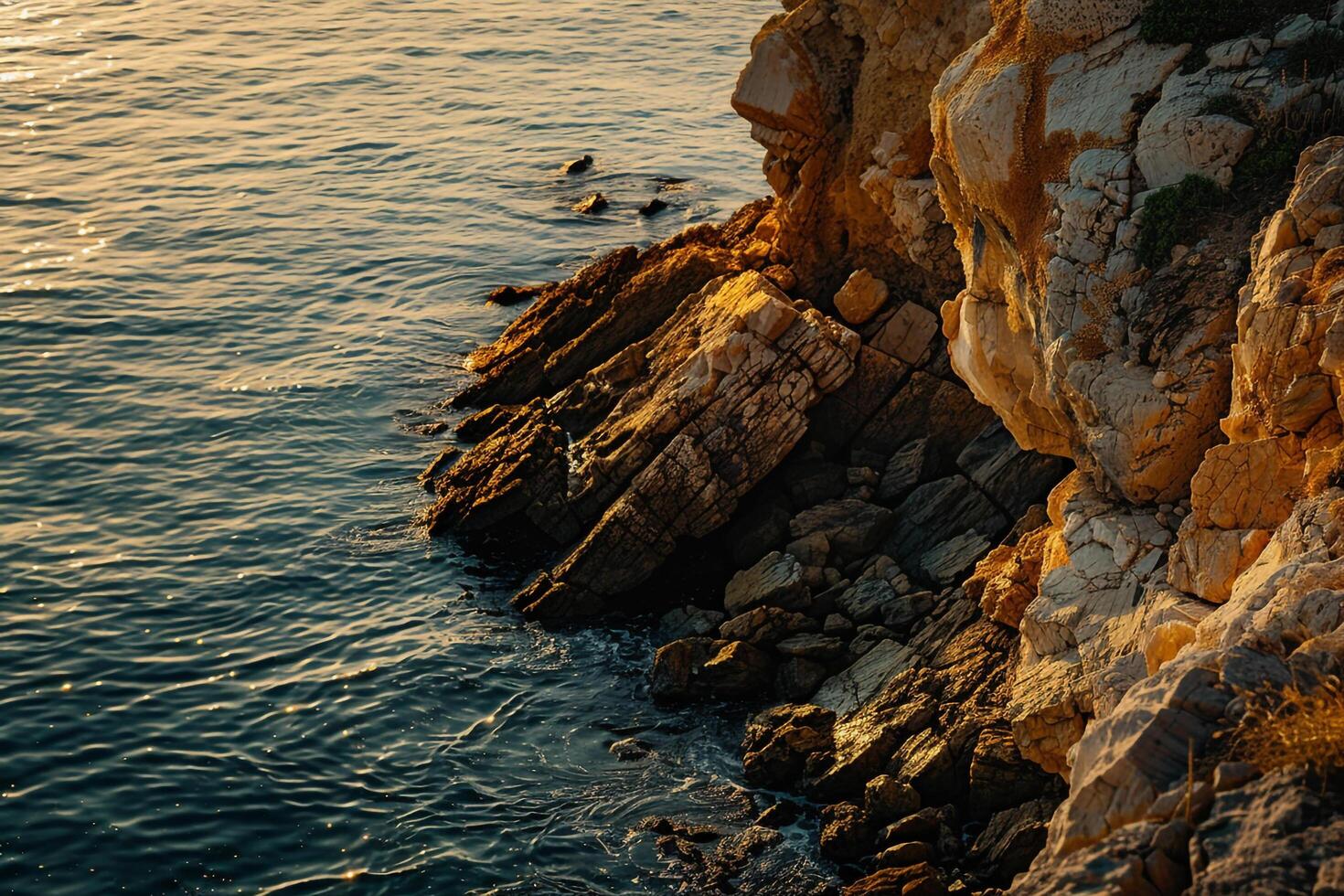 a rocky cliff overlooking the ocean at sunset with background photo
