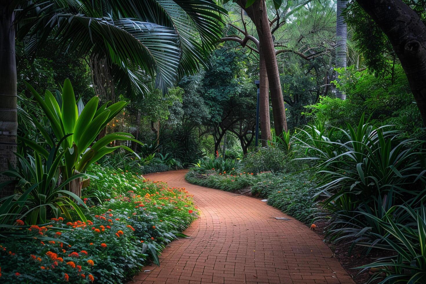 a path through a lush tropical garden with background photo