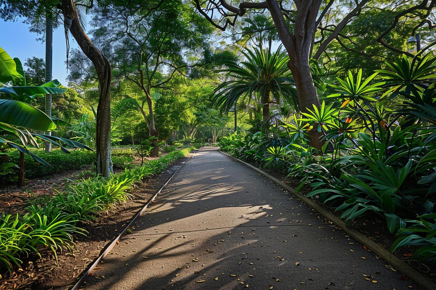 a paved path surrounded by trees and plants with background photo