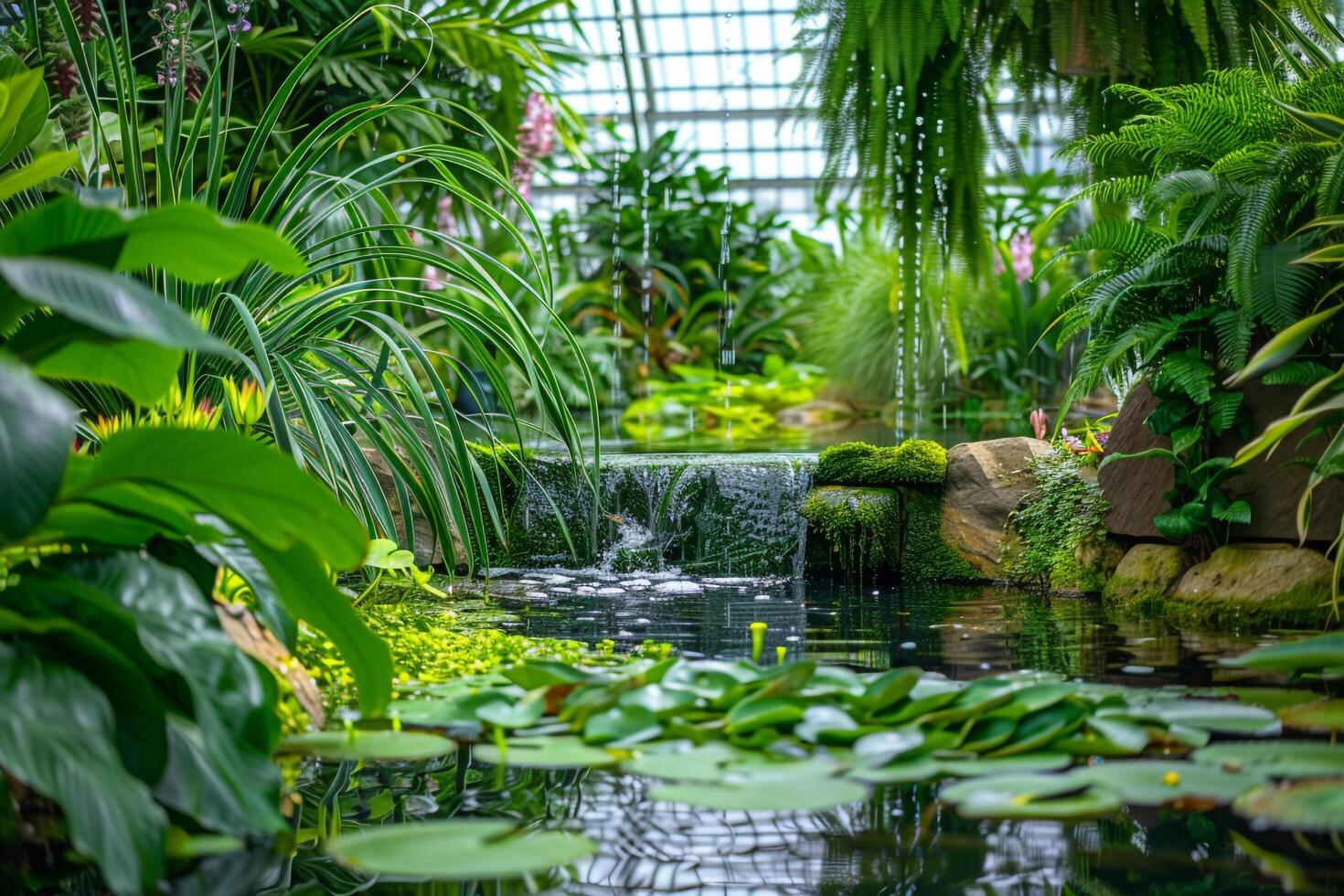 a pond with water lilies and plants in the middle of a tropical garden photo
