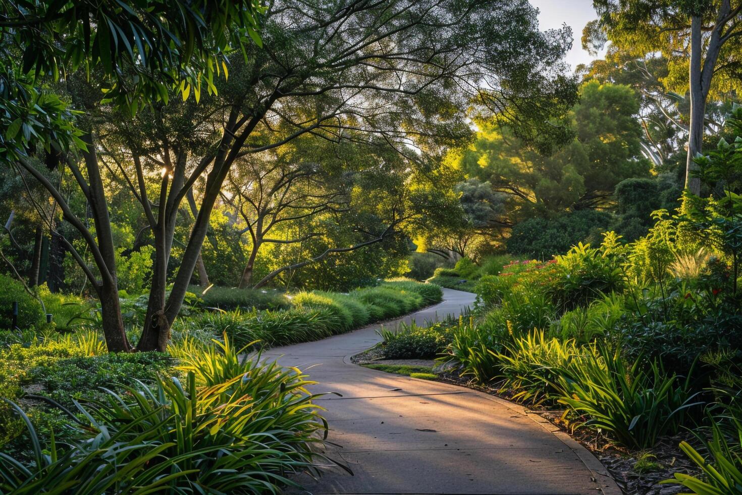 a paved path surrounded by trees and plants with background photo