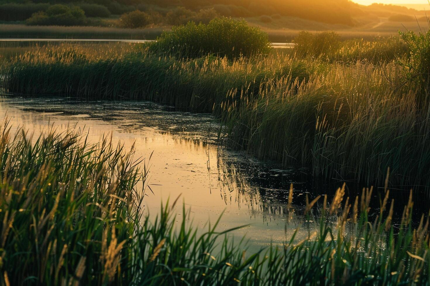 a river with tall grass and water at sunset with background photo