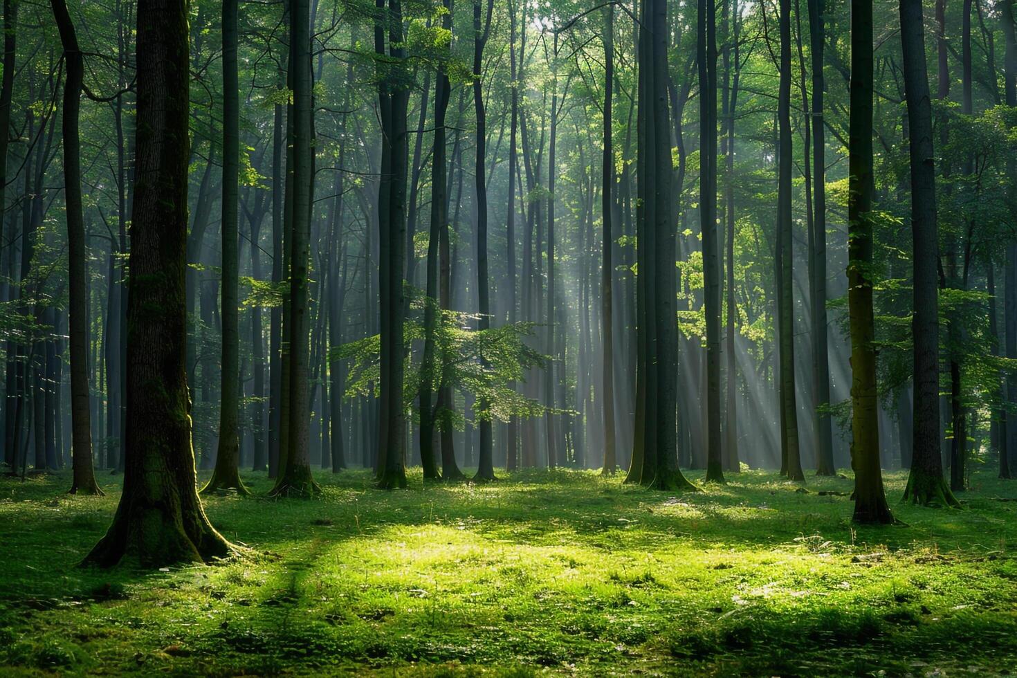 a forest with trees and sunlight shining through background photo