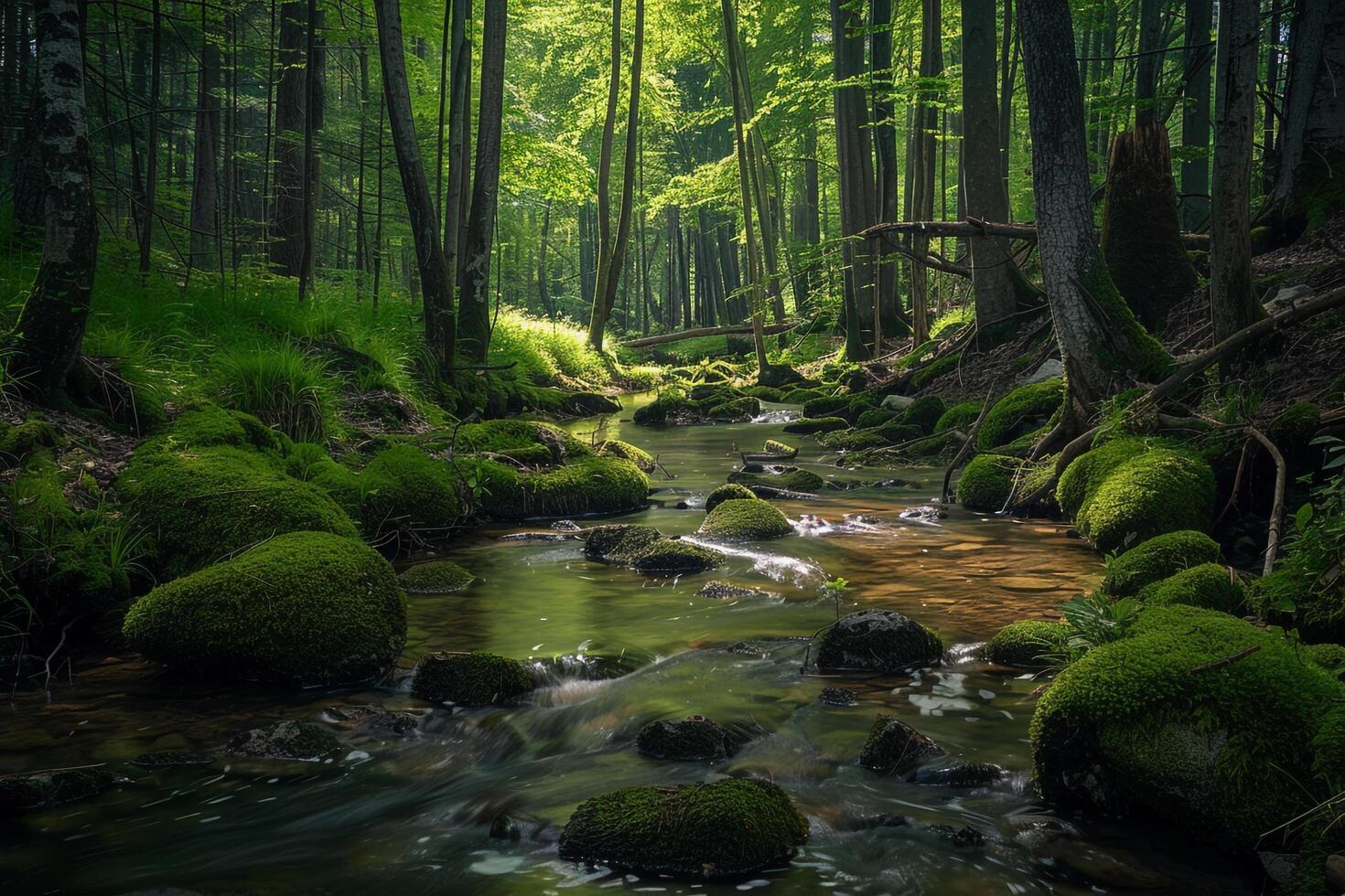 a stream runs through a forest filled with green moss background photo