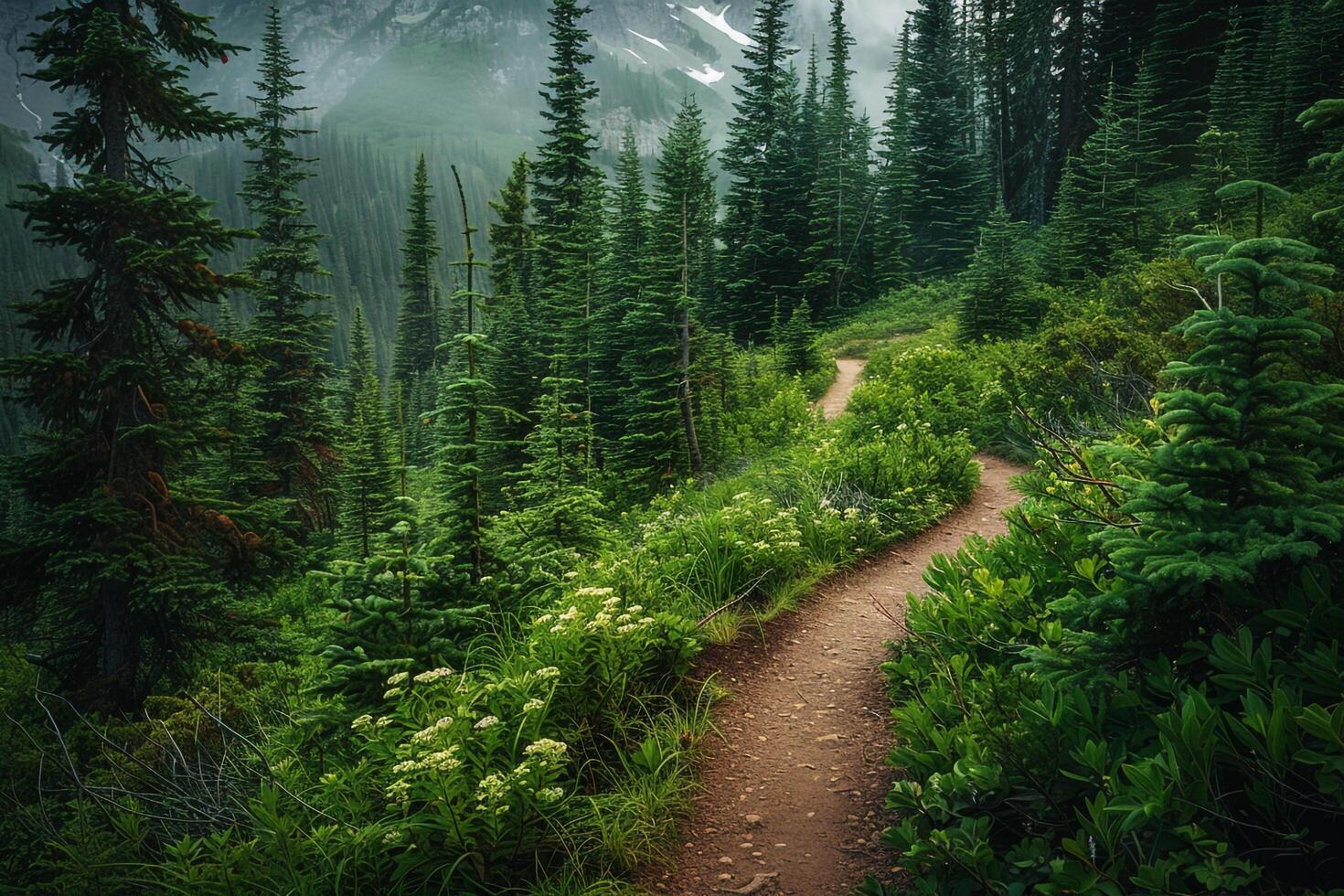 a trail in the mountains with trees and green grass background photo