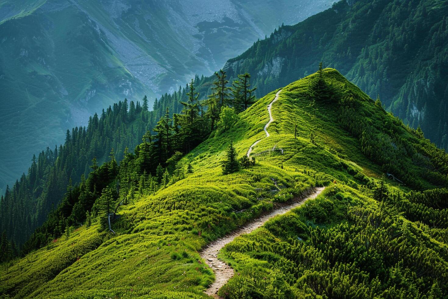 a path leads up a mountain side in the mountains background photo