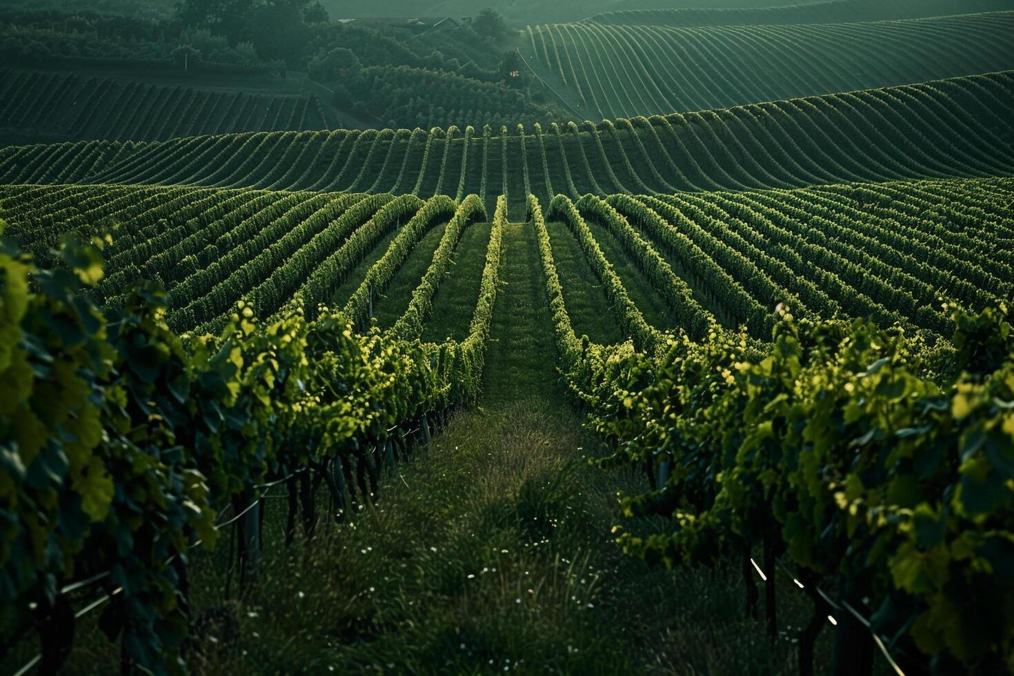 a vineyard field with rows of green vines background photo