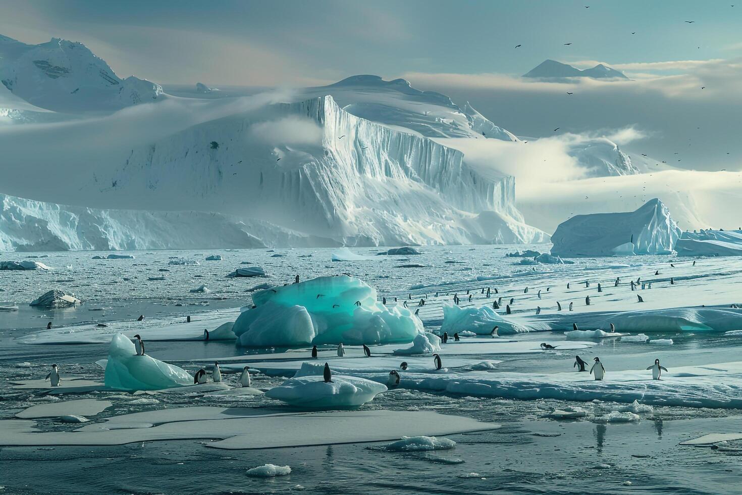 a group of penguins on an ice floe background photo