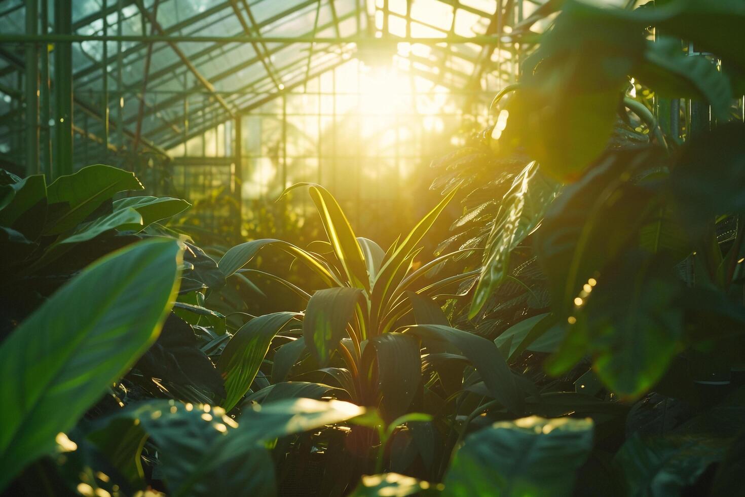 a green house with plants and sunlight background photo