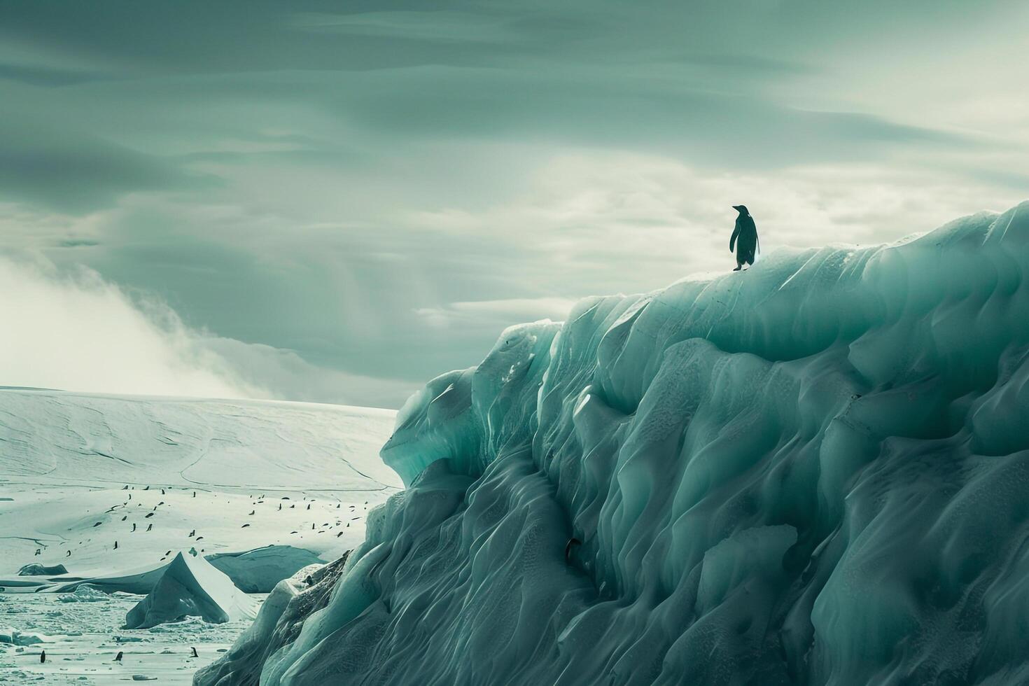 a penguin standing on top of an ice cliff background photo