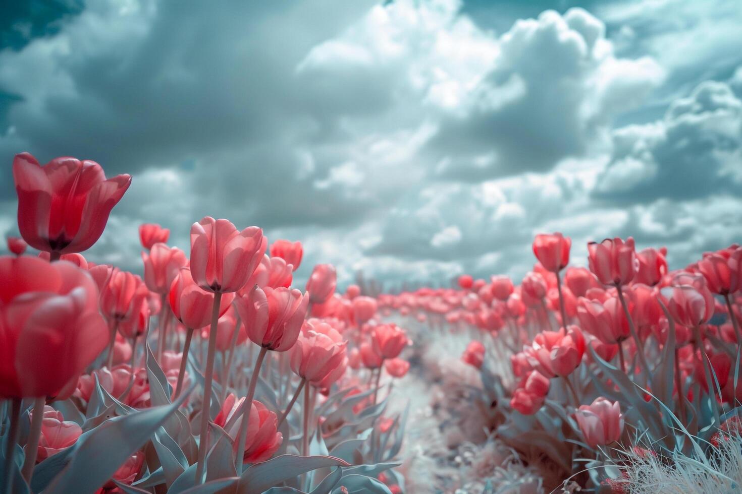 a field of red tulips under a cloudy sky background photo