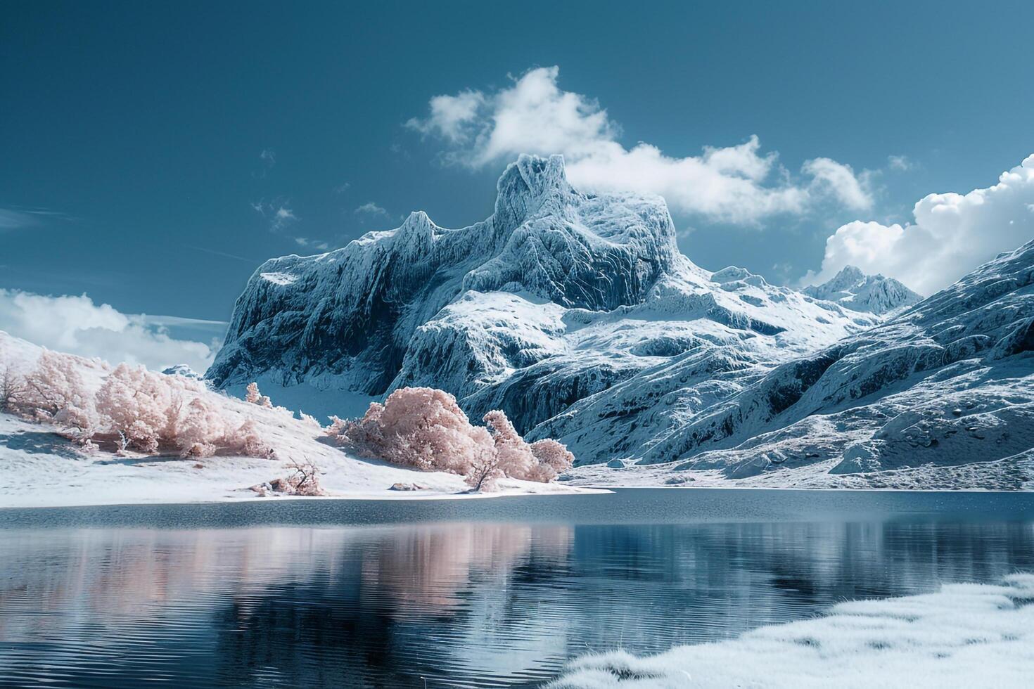 a lake surrounded by snowcovered mountains background photo