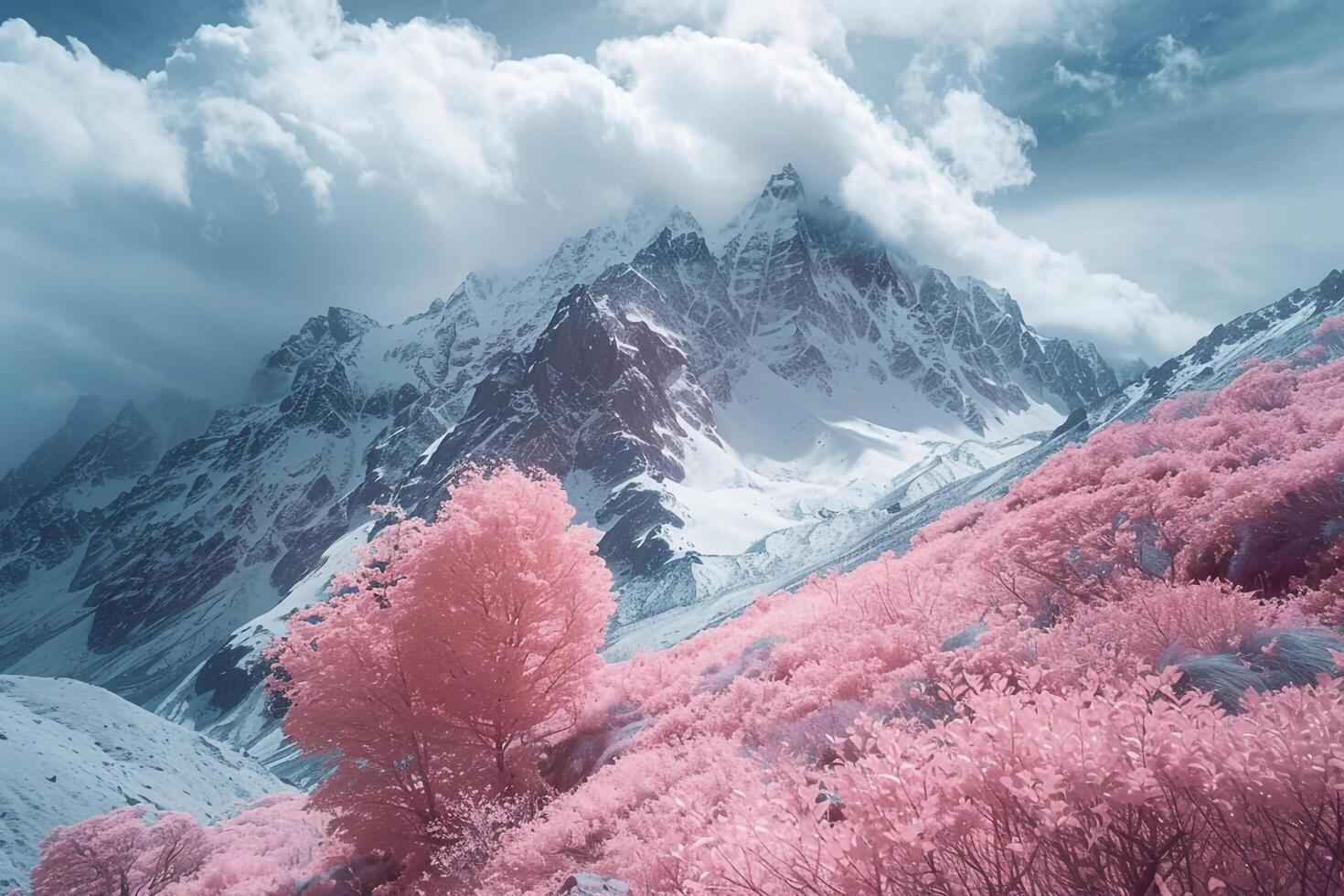 a pink tree stands in front of a mountain range background photo