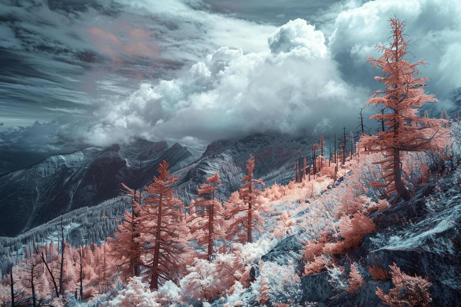 a forest with trees and clouds in the background background photo