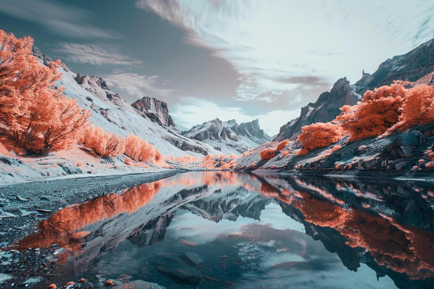 an infrared image of a mountain lake with trees background photo