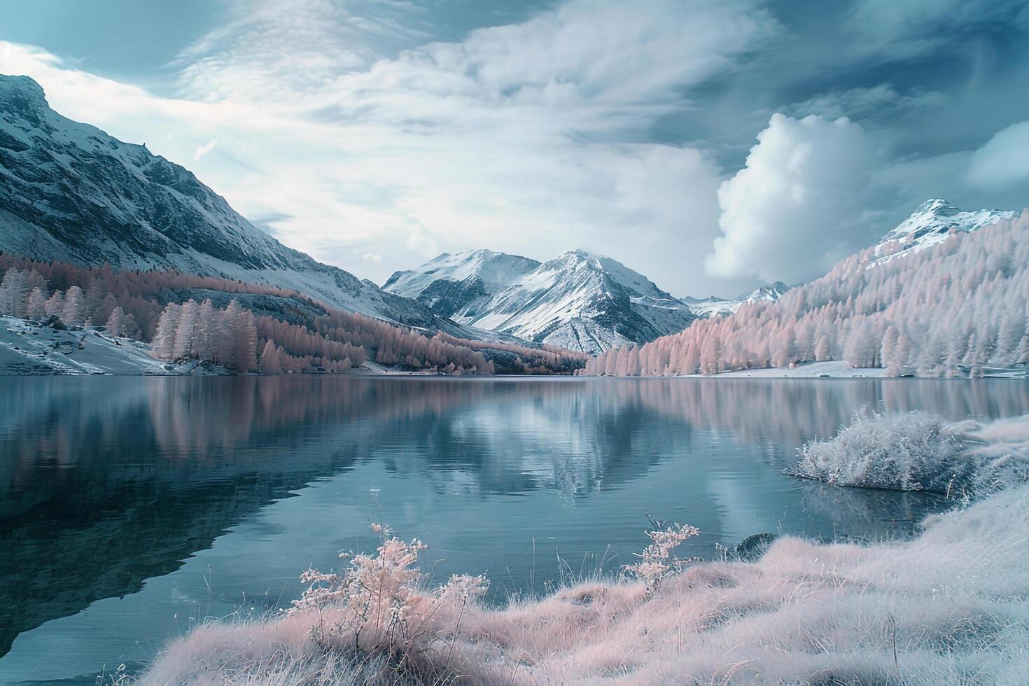 a lake surrounded by snowcovered mountains background photo