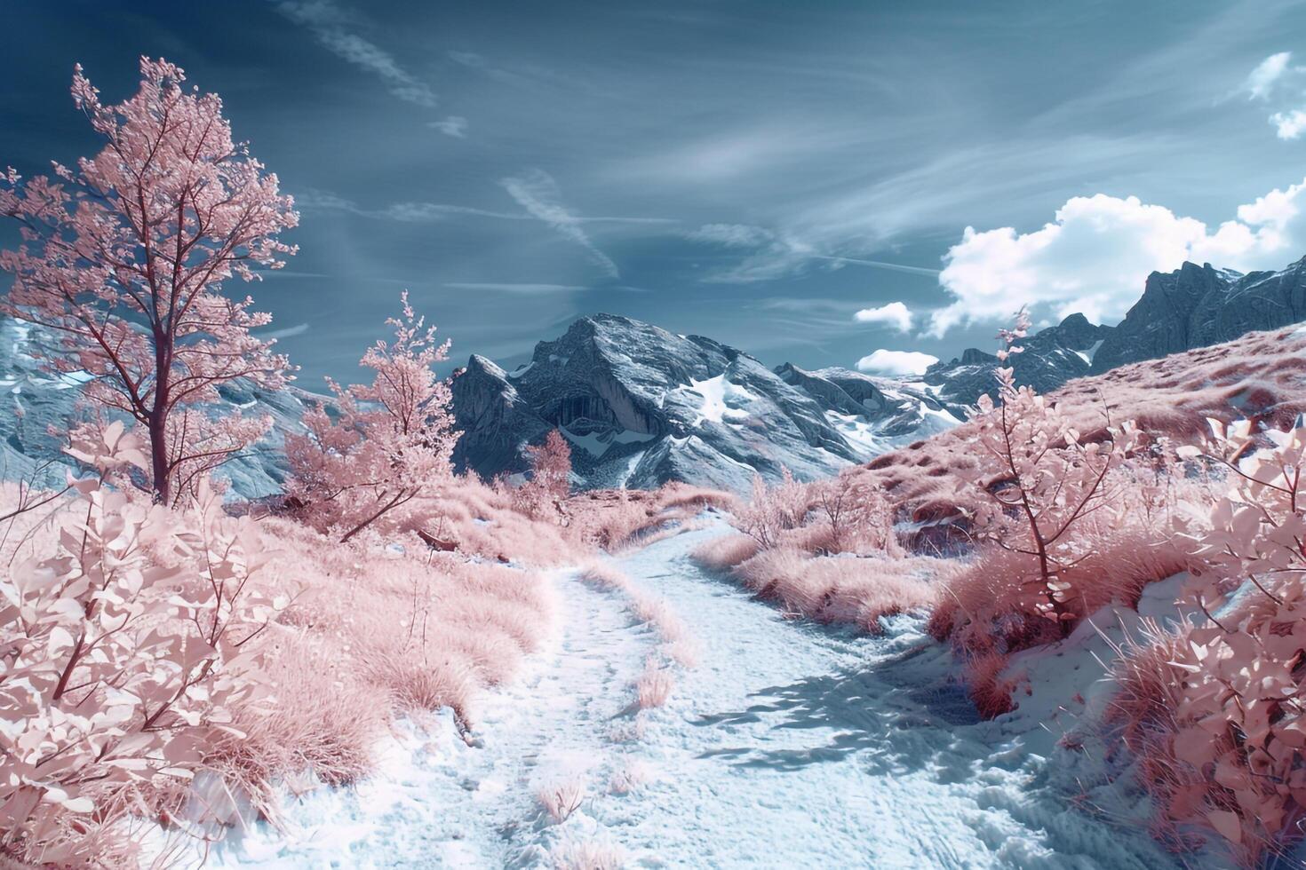 a pink landscape with trees and snow background photo
