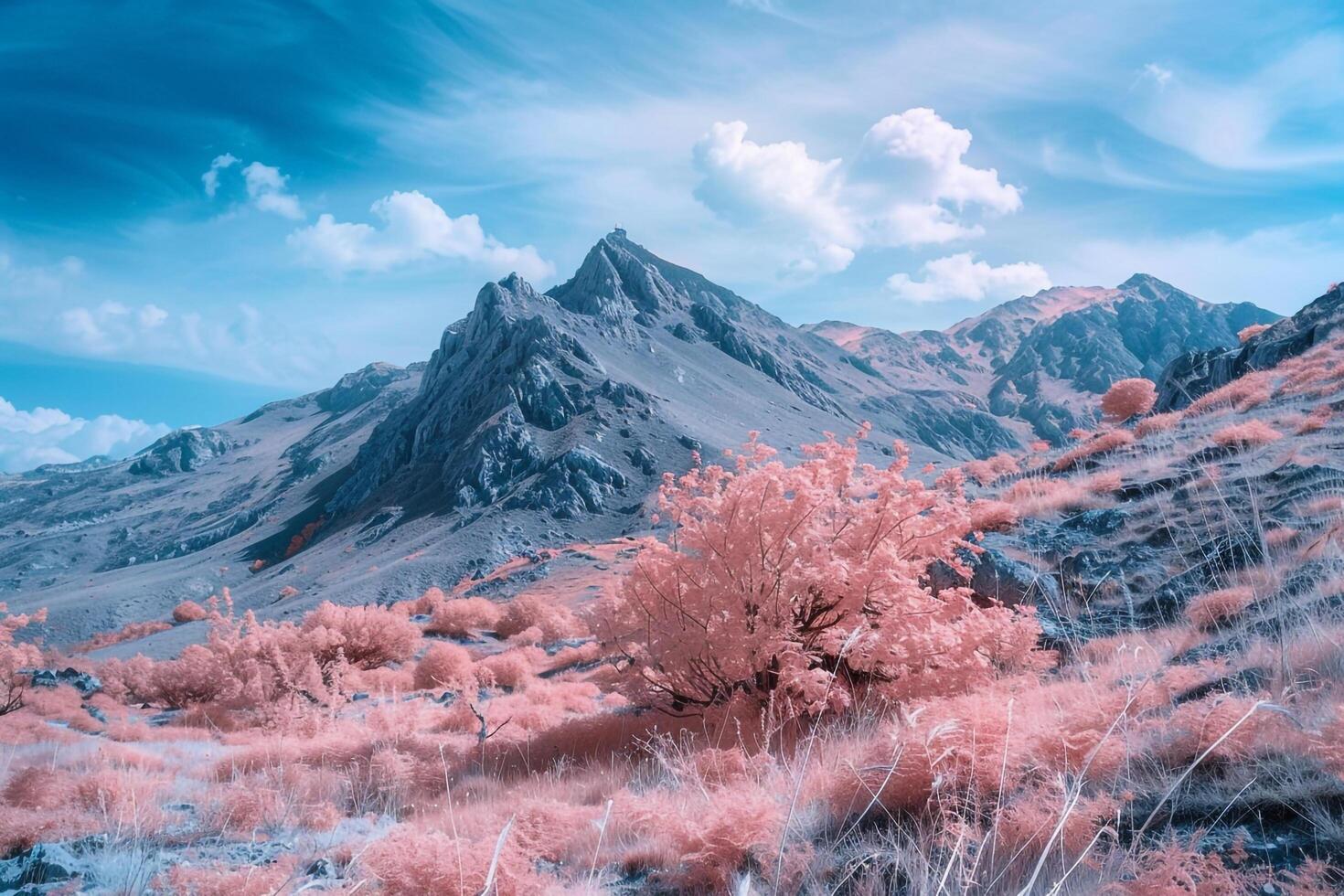 a pink tree in the mountains with a blue sky background photo