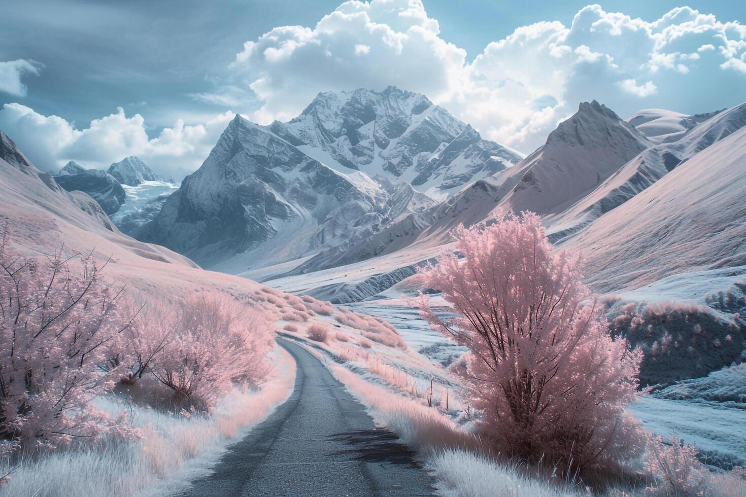 a road in the mountains with pink trees background photo
