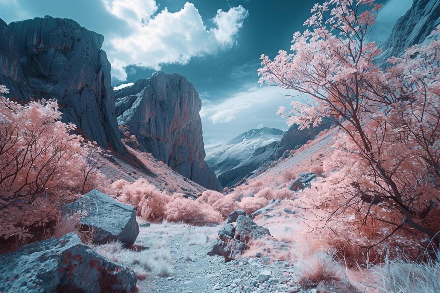 a pink landscape with rocks and trees background photo
