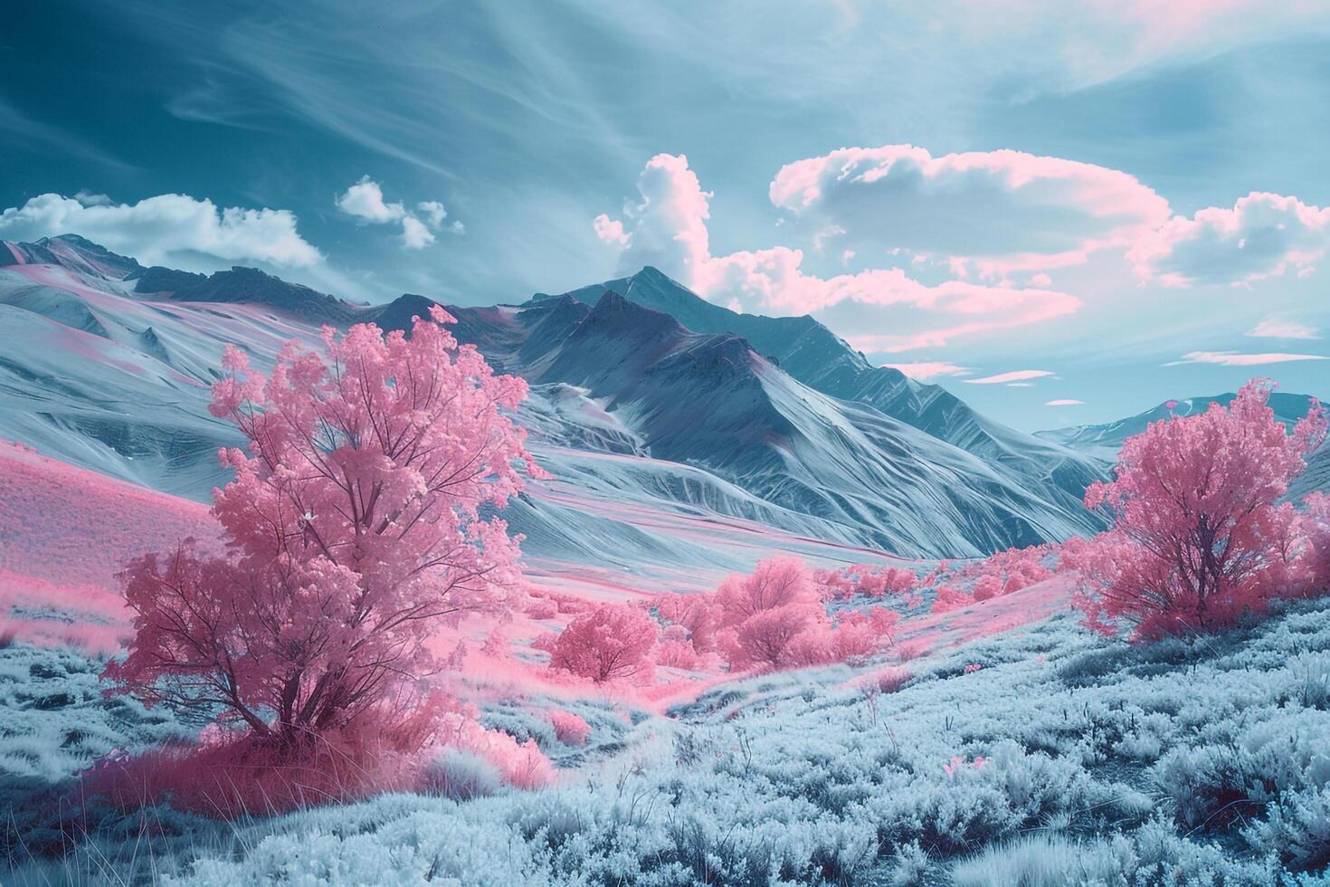 a pink landscape with trees and mountains background photo