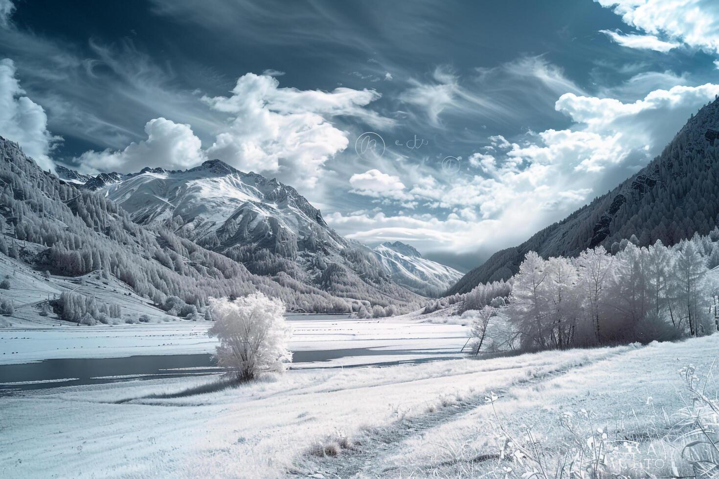 a snowy landscape with a lake and mountains background photo