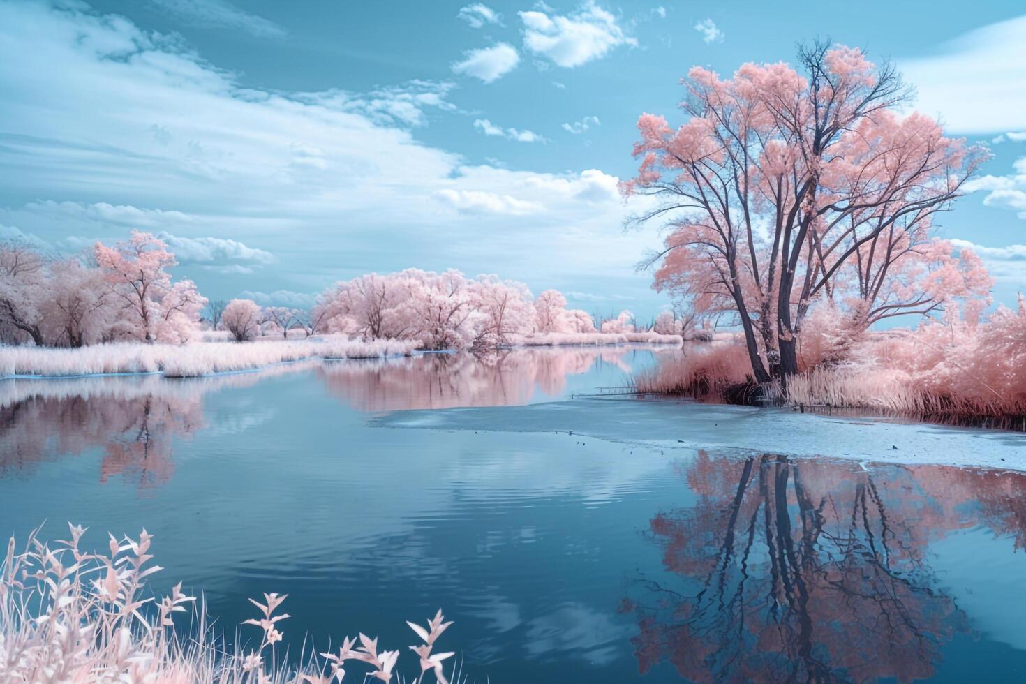 infrared landscape with trees and water background photo