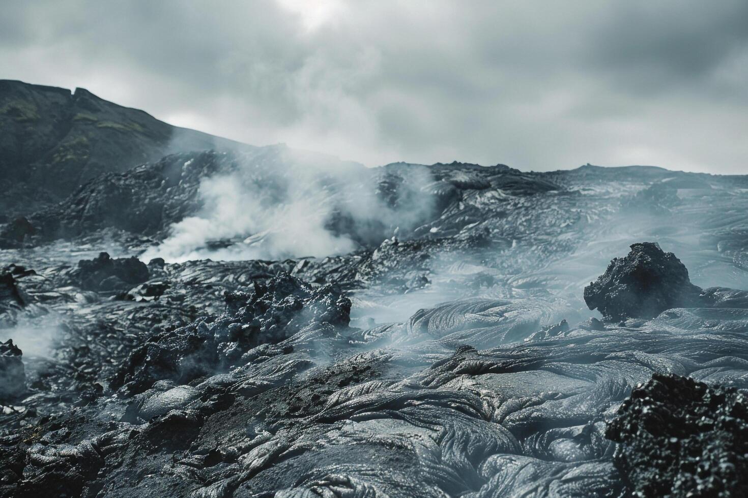 a lava field with steam coming out of it background photo