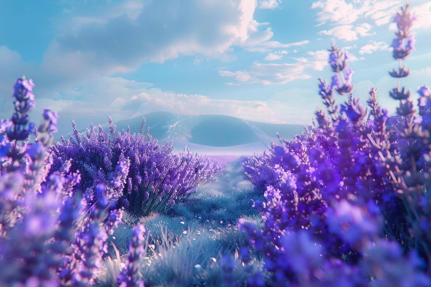 lavender field with blue sky and clouds background photo