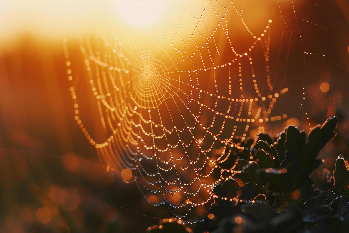 spider web with dew at sunset background photo