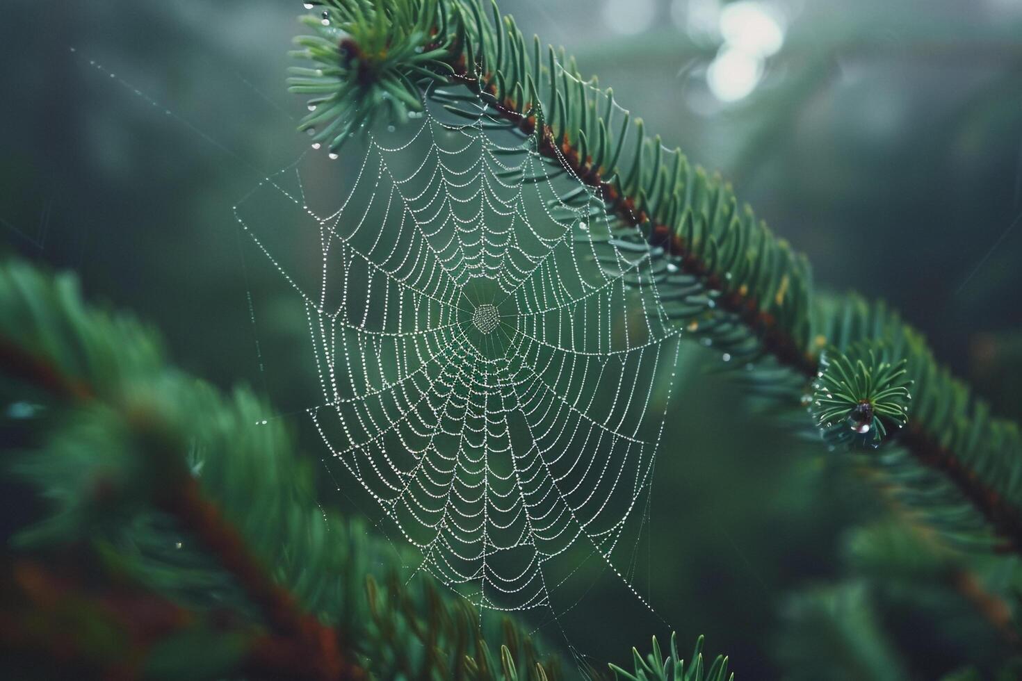 Spider web hanging on a pine branch, background photo