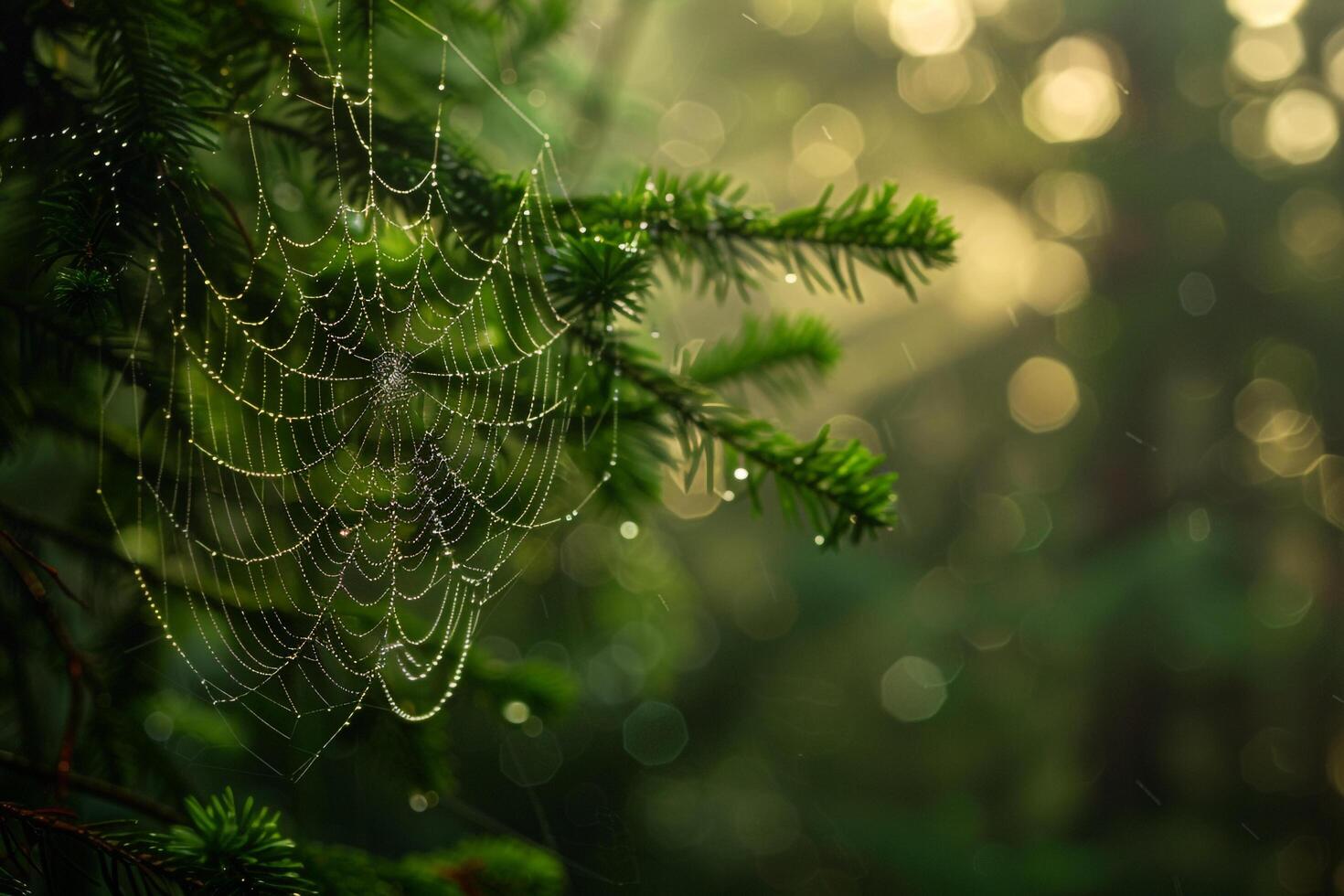 Spider web on a tree branch in the forest, background photo