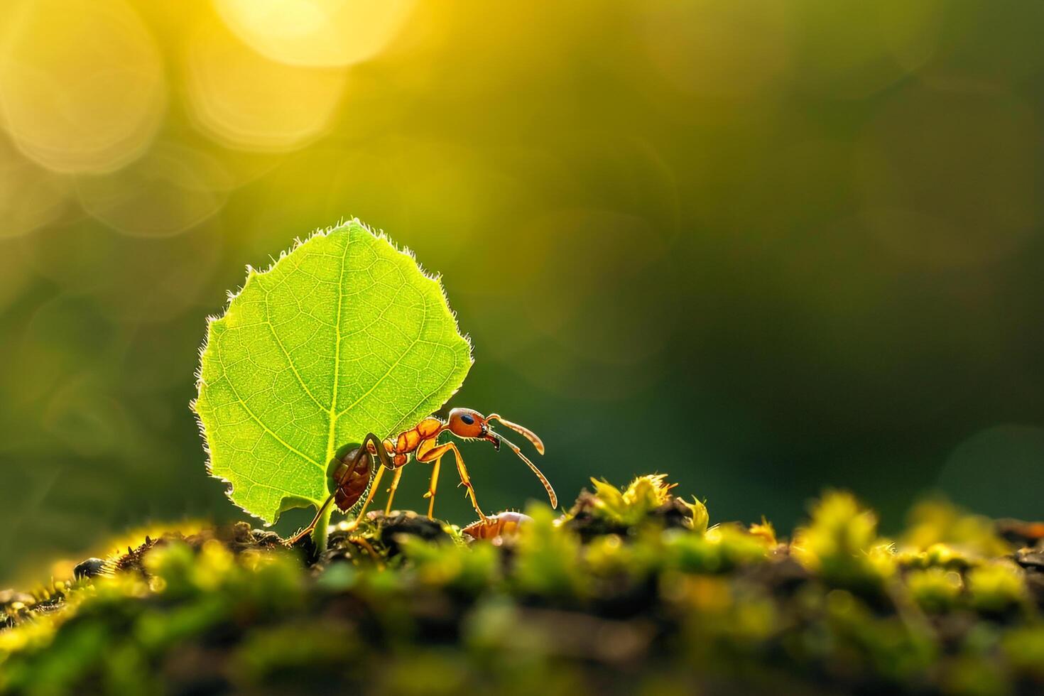 Small ant standing on top of a leaf, background photo