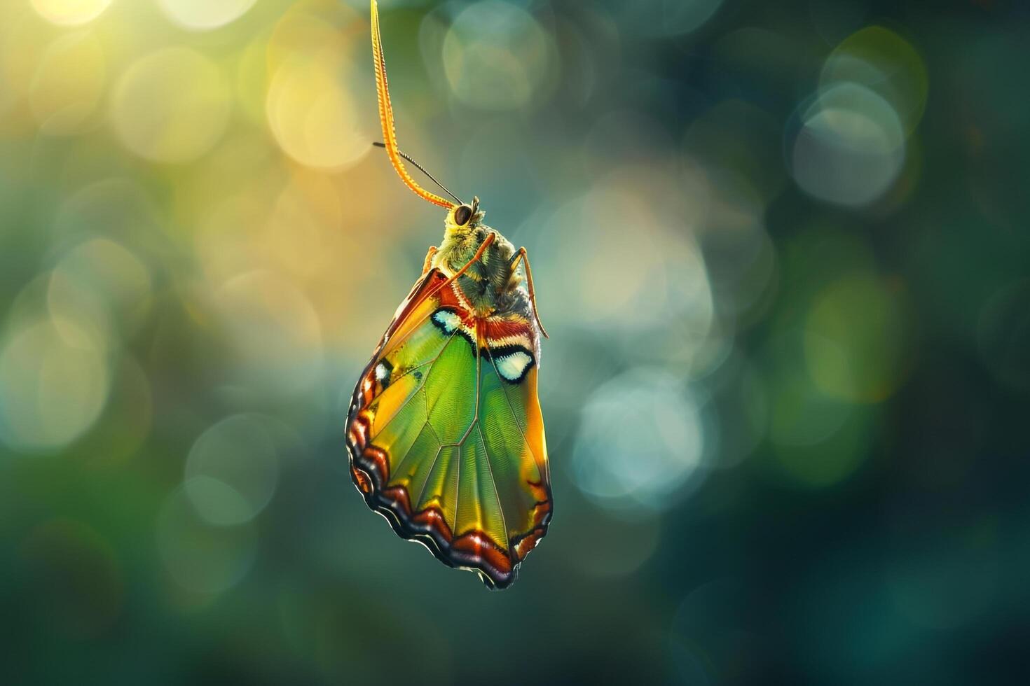Butterfly hanging from a string, background photo