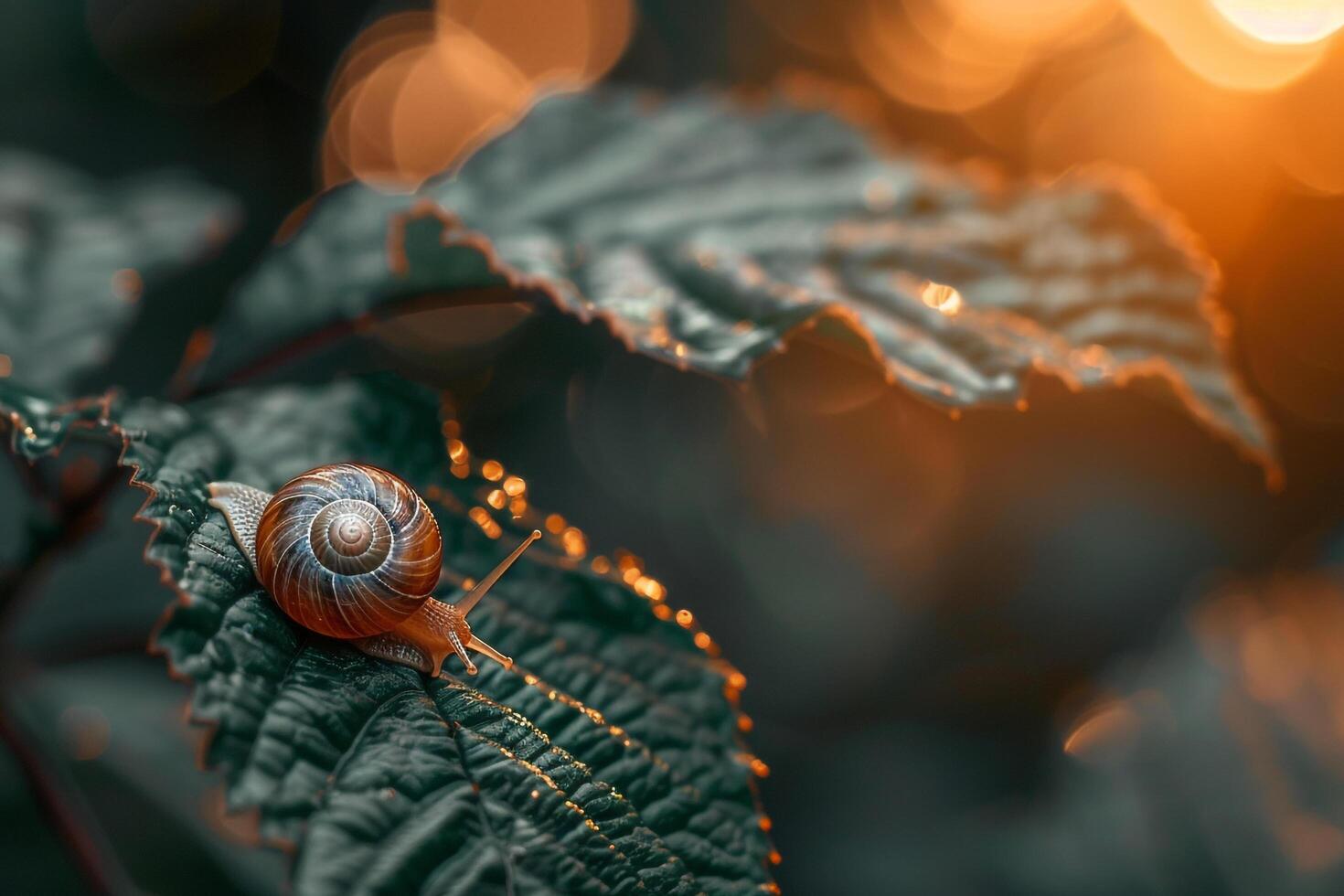 Snail on a leaf with the sun in the background, background photo