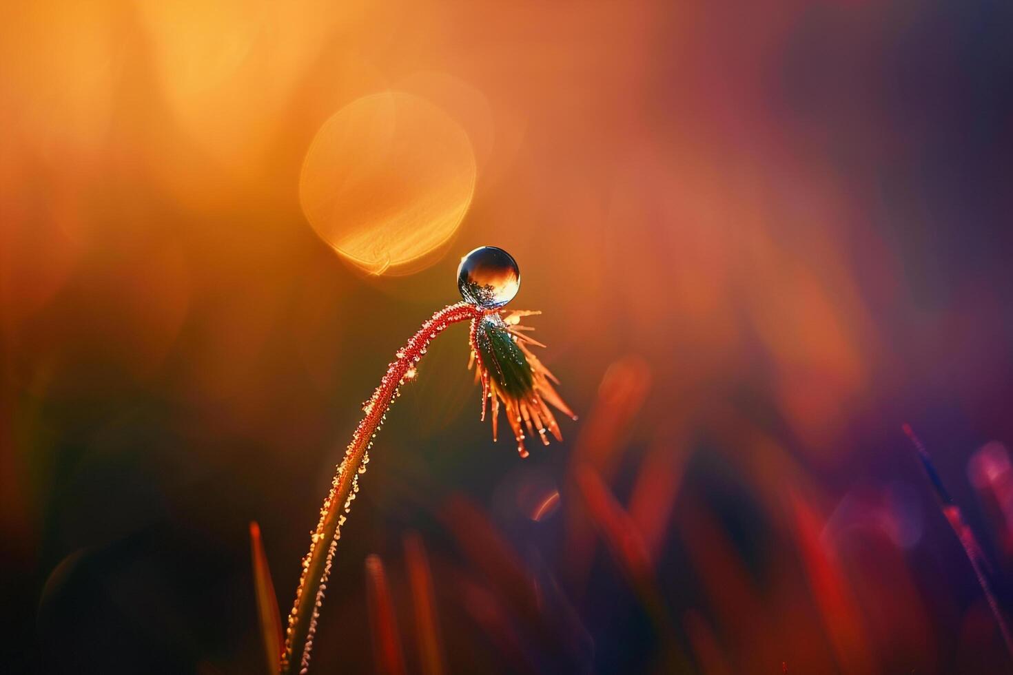 Drop of water on a plant in the middle of a field, background photo