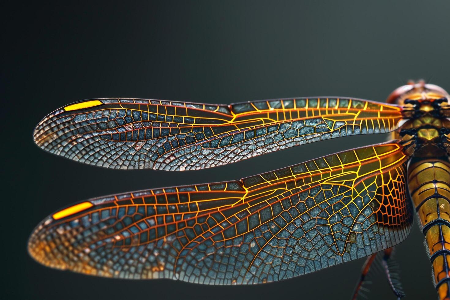A dragonfly with orange and yellow wings and background photo