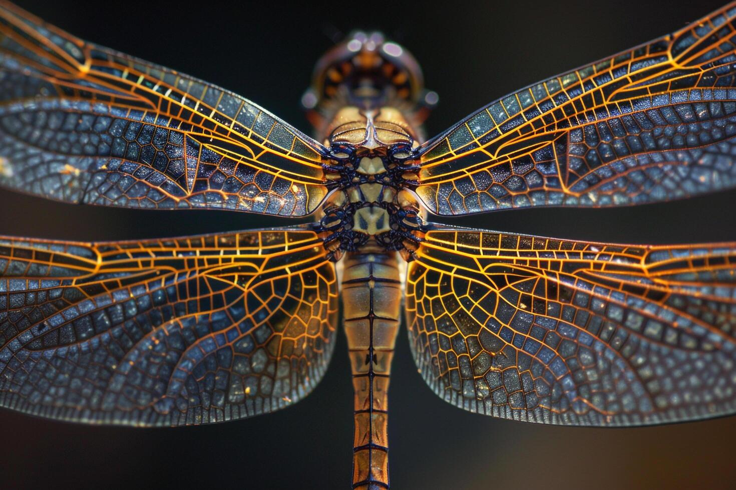 A detailed view of a dragonfly with a black background photo
