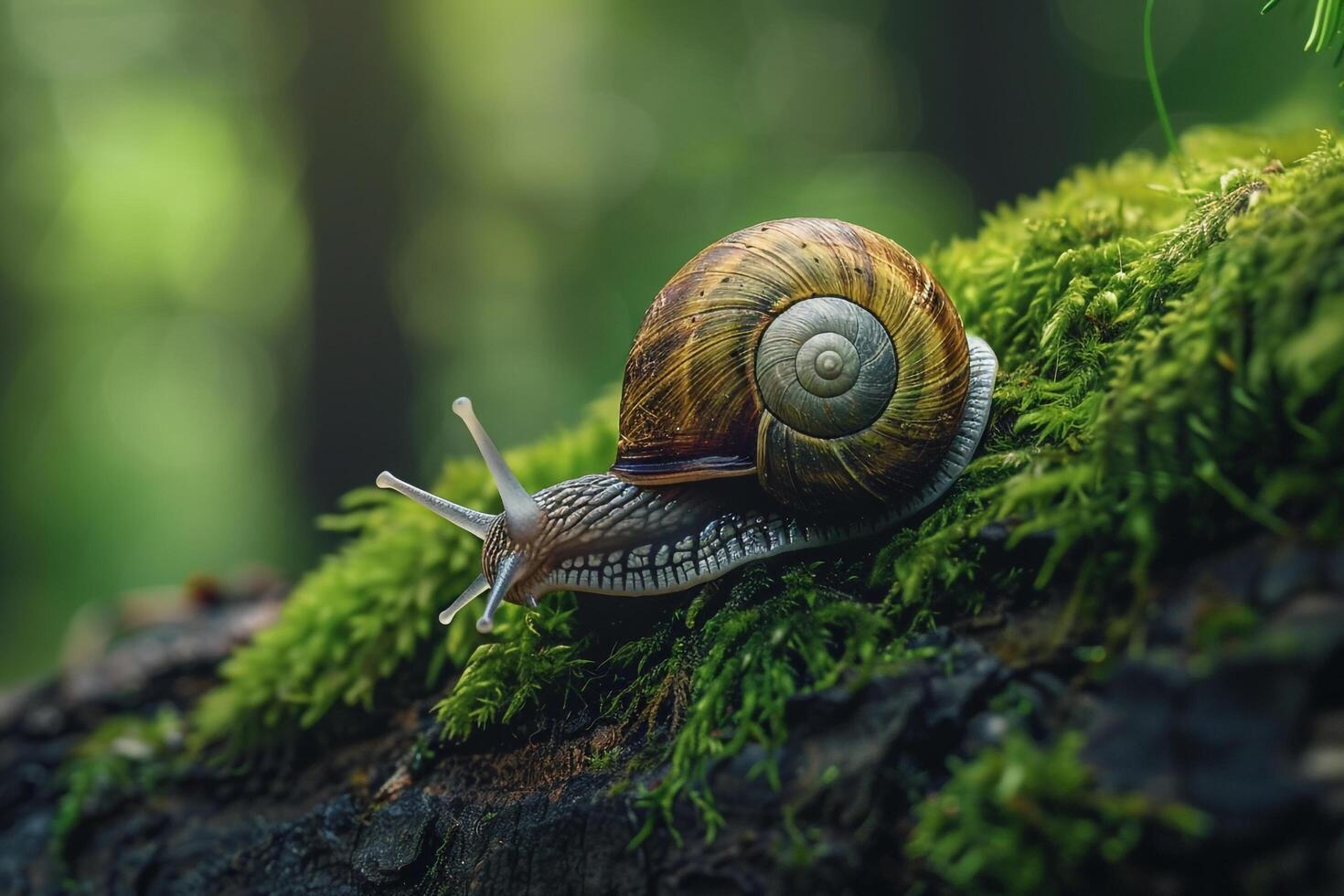 A snail is crawling on top of a mossy tree with background photo