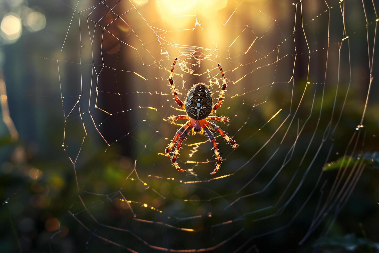 A spider is sitting on its web in the sunlight with background photo