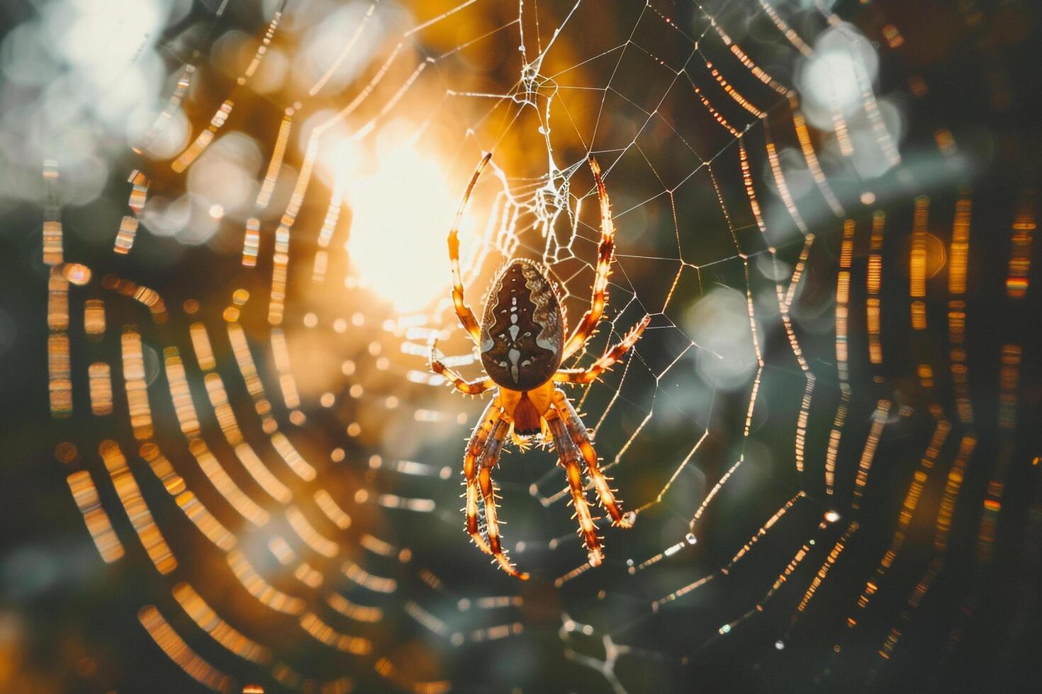 A spider is sitting on its web in the sun with background photo