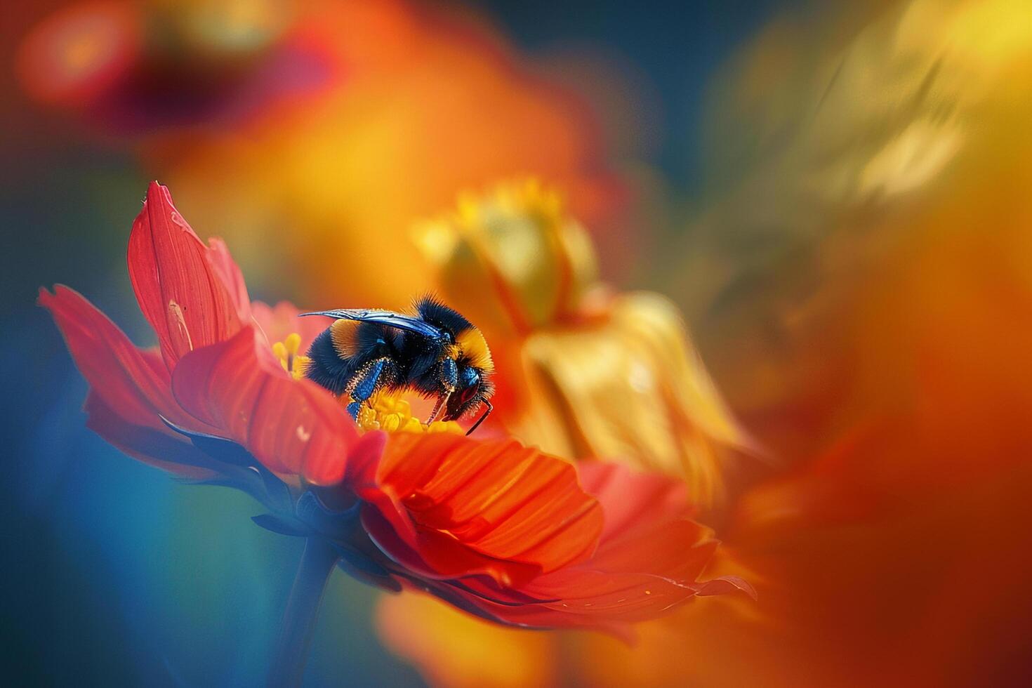 A bee on a red flower with blurred background photo