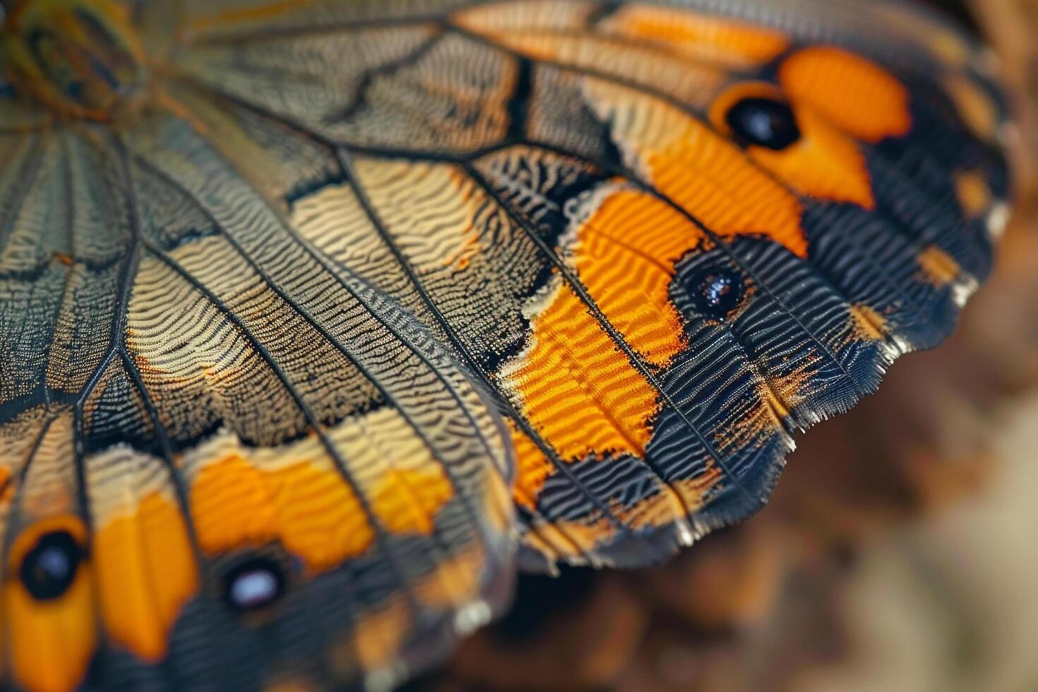 A detailed view of a butterfly with orange and black wings and background photo