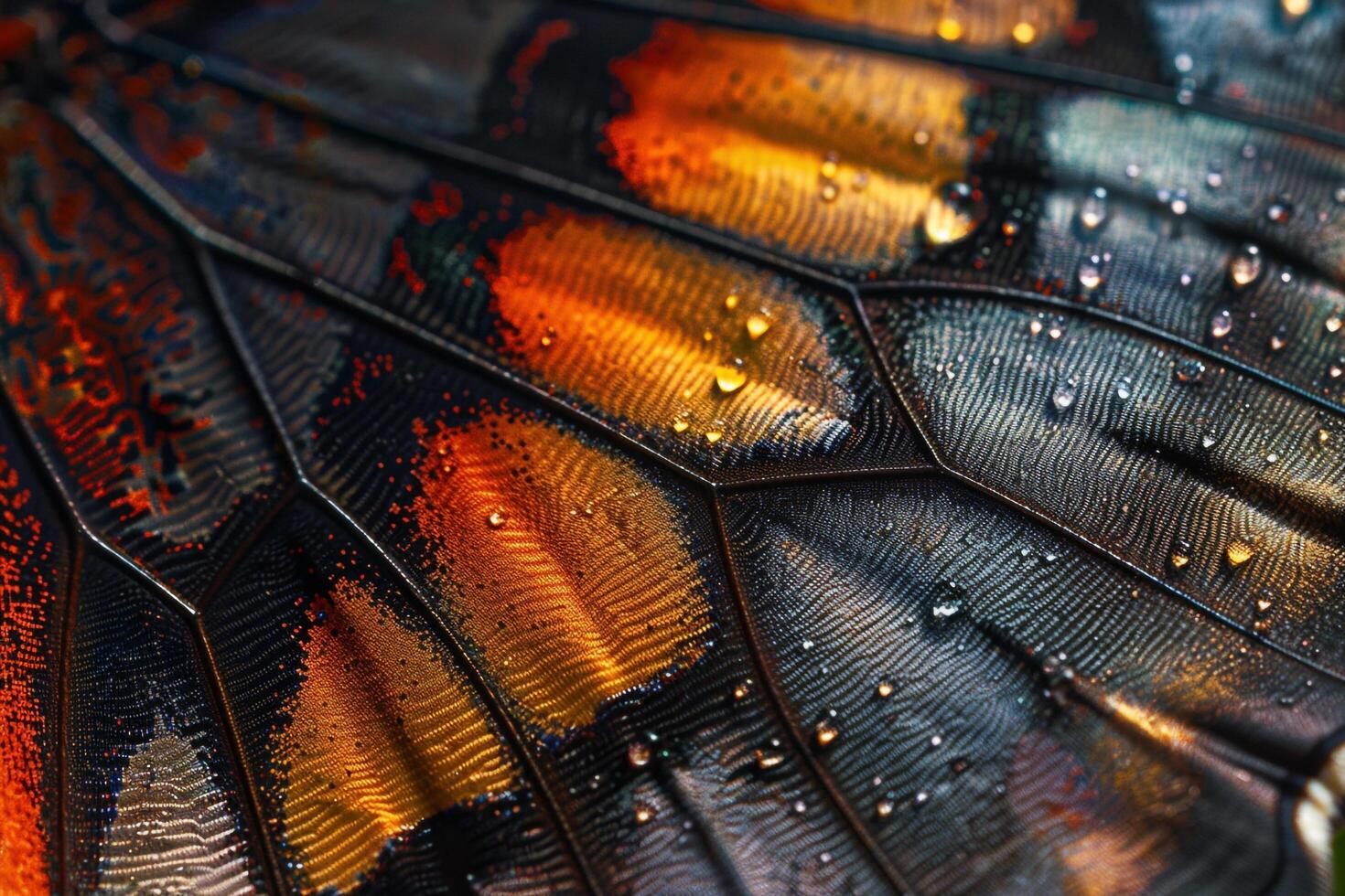 A detailed view of a butterfly with water droplets on it and background photo