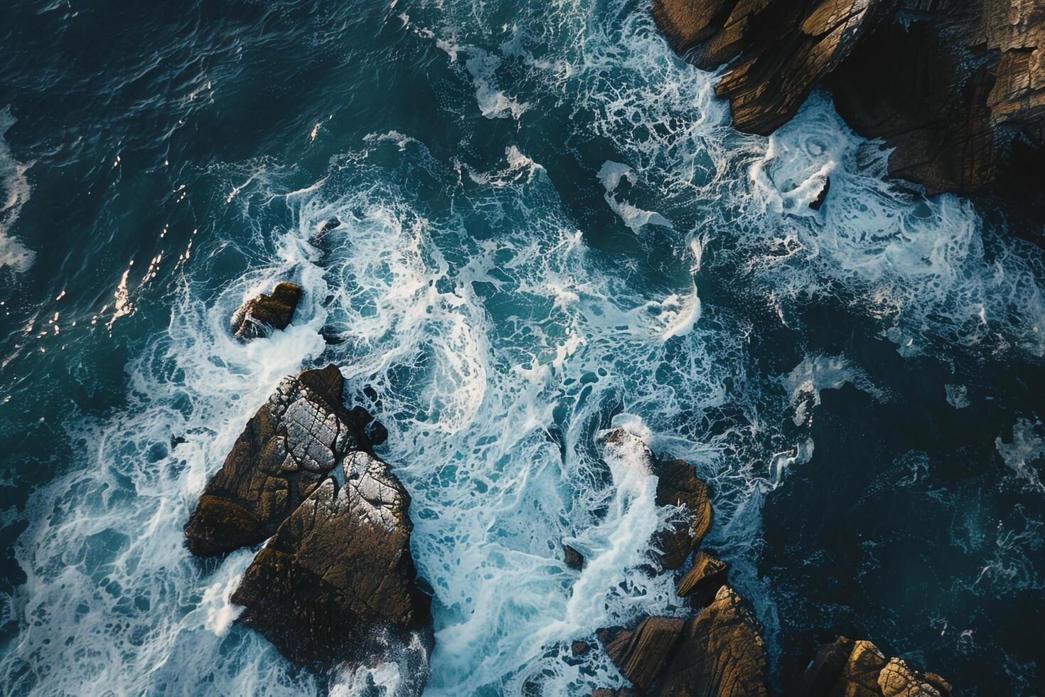 an aerial view of the ocean and rocks background photo