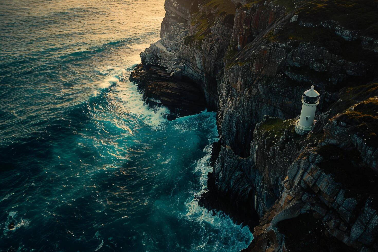 a lighthouse is on top of a cliff overlooking the ocean background photo