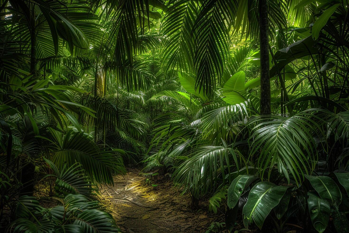 a path through a jungle with lots of green plants background photo