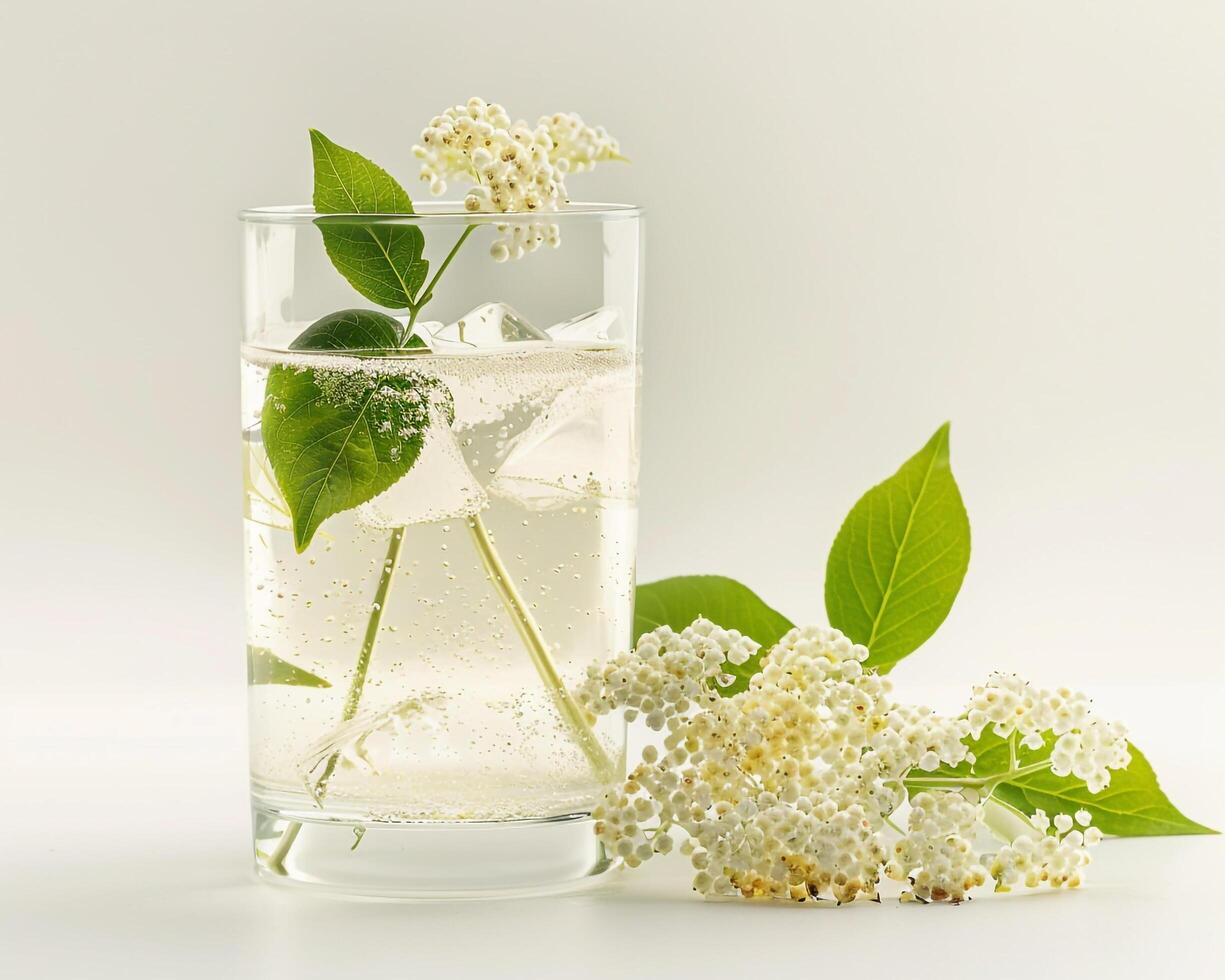 a glass of water with white flowers and leaves background photo