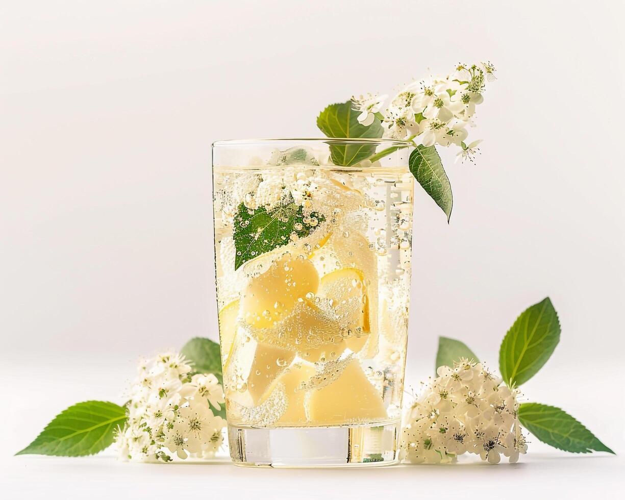 a glass of lemonade with white flowers background photo